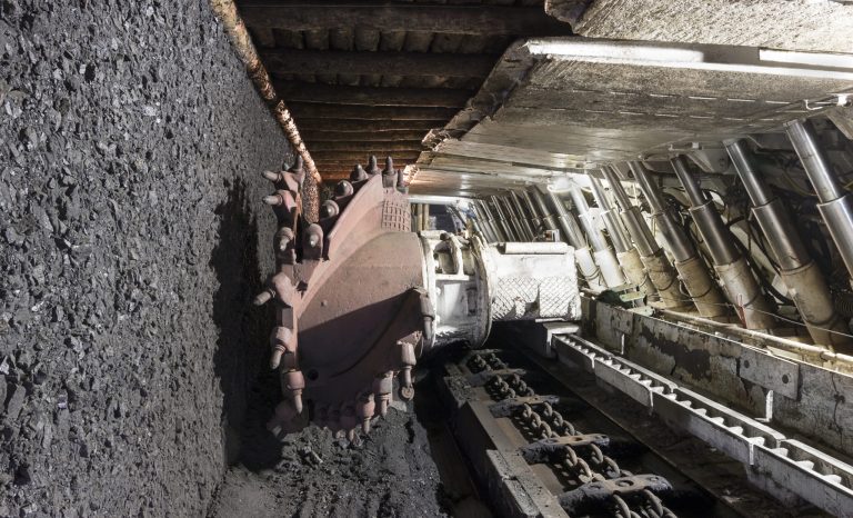 Long,Wall,Mining:,Shearer,,With,Two,Rotating,Cutting,Drums,And